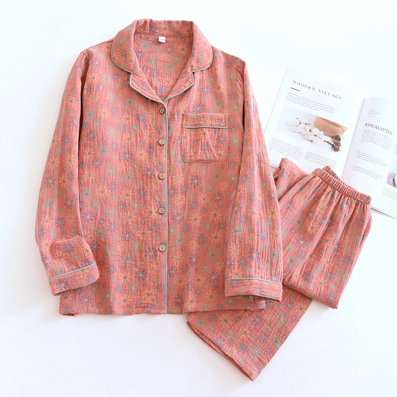 【直播专享26】新款提花睡衣女春夏薄款双层纱布长袖长裤家居服套装