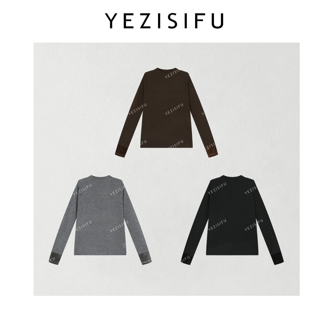 欧尼私服 2025冬款 极简百搭立体双圆领丝绒袖口拼接T恤2511C7446
