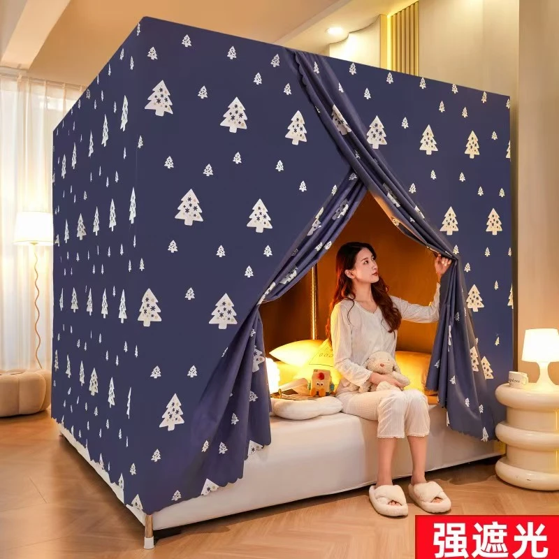 一体式布蚊帐床帘单开门床幔遮光布挡风加厚保暖床帐家用1.5m1.8