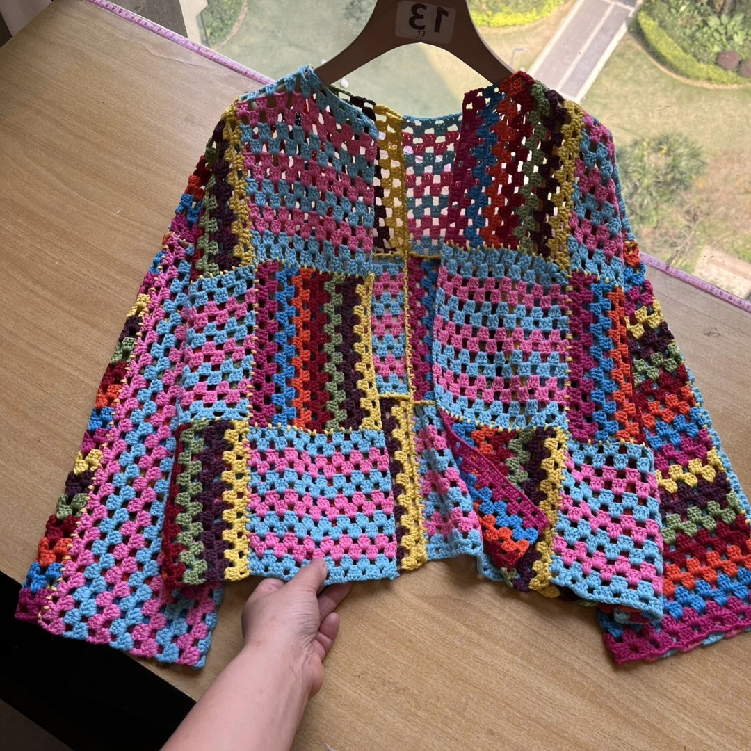 51号-重工彩色莼手工钩花针织开衫外套女新款宽松民族风镂空上衣
