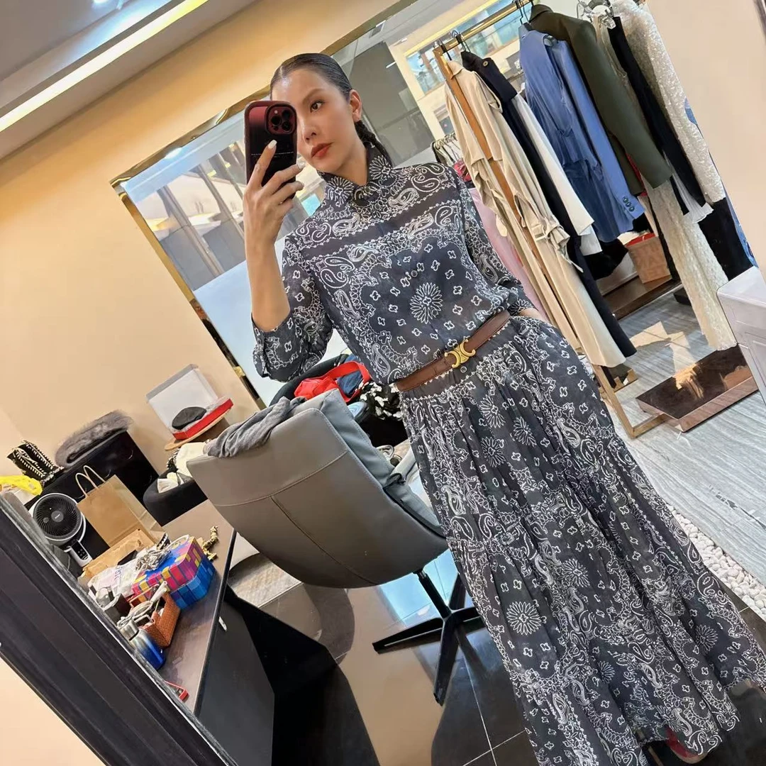 MONICA 阔摆翻领中袖腰拼接连衣裙