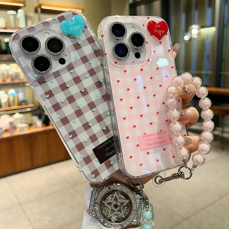 适用苹果系列iPhone16新款手机壳时尚感粉白爱心格子全包防摔大孔