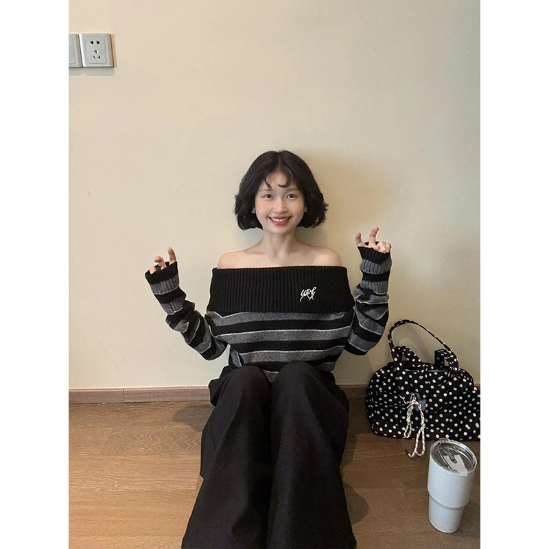 早秋季新款小个子盐系穿搭黑色条纹一字肩毛衣阔腿裤减龄两件套装