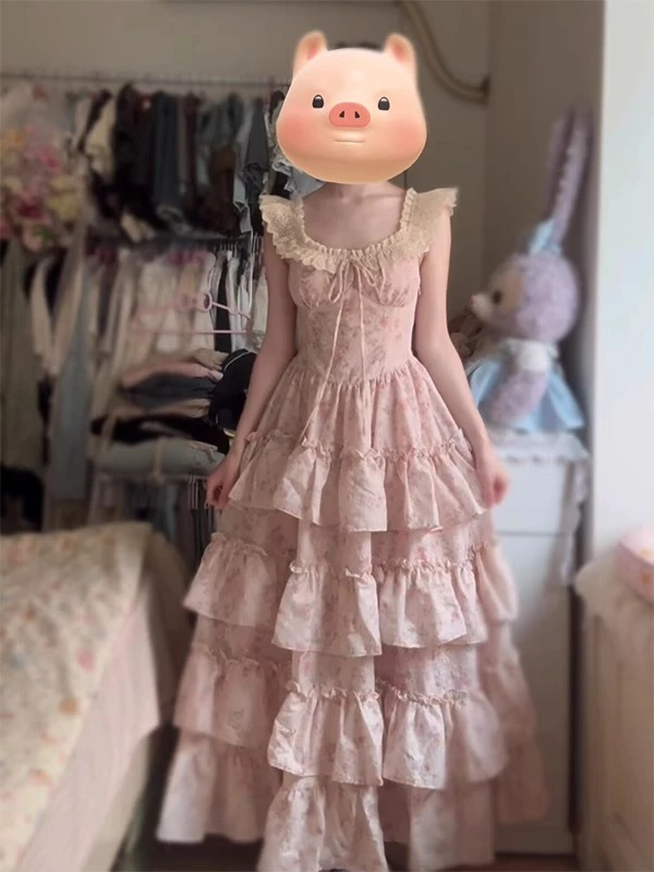 法式小飞袖碎花连衣裙女夏日绝美温柔风公主裙收腰仙女蛋糕长裙子