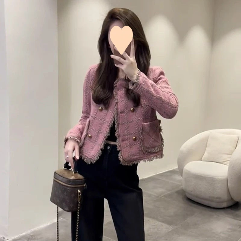 欧货高端小个子粉色短款外套女冬季独特好看小香风短款外套女潮