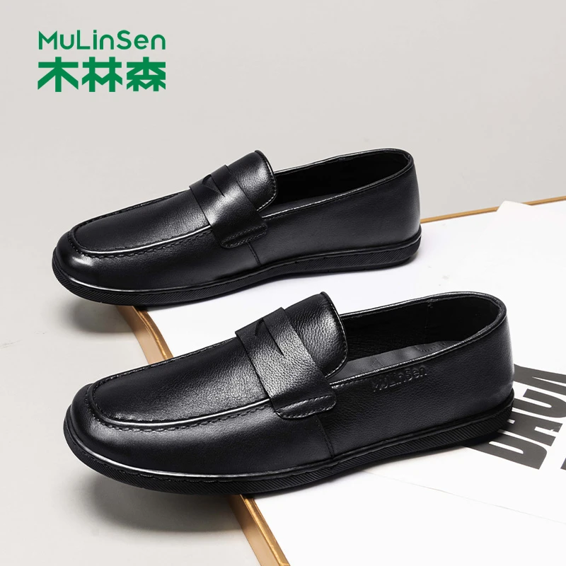 木林森男鞋2025商务男士休闲皮鞋男款真皮爸爸鞋大头鞋乐福鞋新款