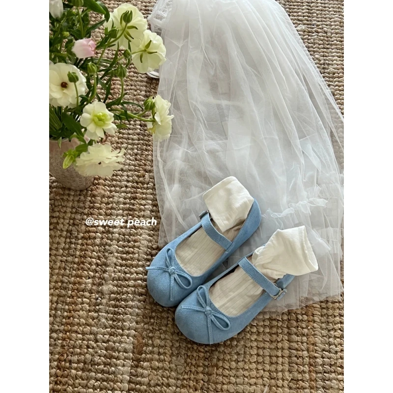 蓝色芭蕾鞋女2025新款春季百搭法式蝴蝶结平底浅口玛丽珍单鞋