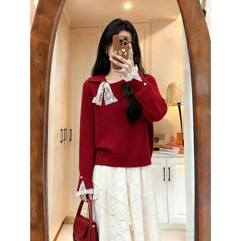 欧货法式蕾丝拼接长袖针织衫毛衣女秋冬新款时髦洋气减龄爆款上衣