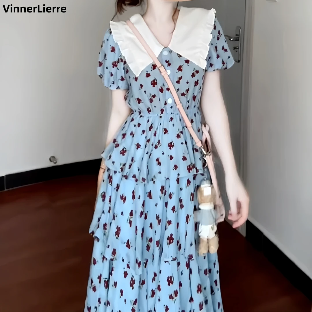 薇妮诺蓝色娃娃领碎花连衣裙女夏季新款法式气质海边度假收腰长裙
