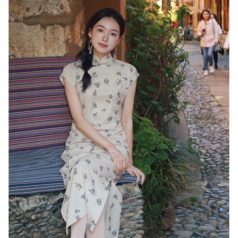 【素采】良辰媄锦全开襟单层春夏新款中长款旗袍衣长约125CM