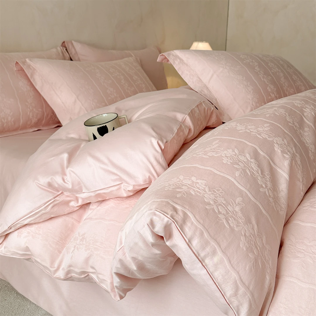 粉色优雅蕾丝花边床上用品四件套柔软舒适全棉被罩枕巾床笠套装
