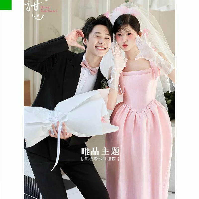 【专柜品质】新款法式影楼拍照主题摄影室内小清新简约礼服粉色蝴