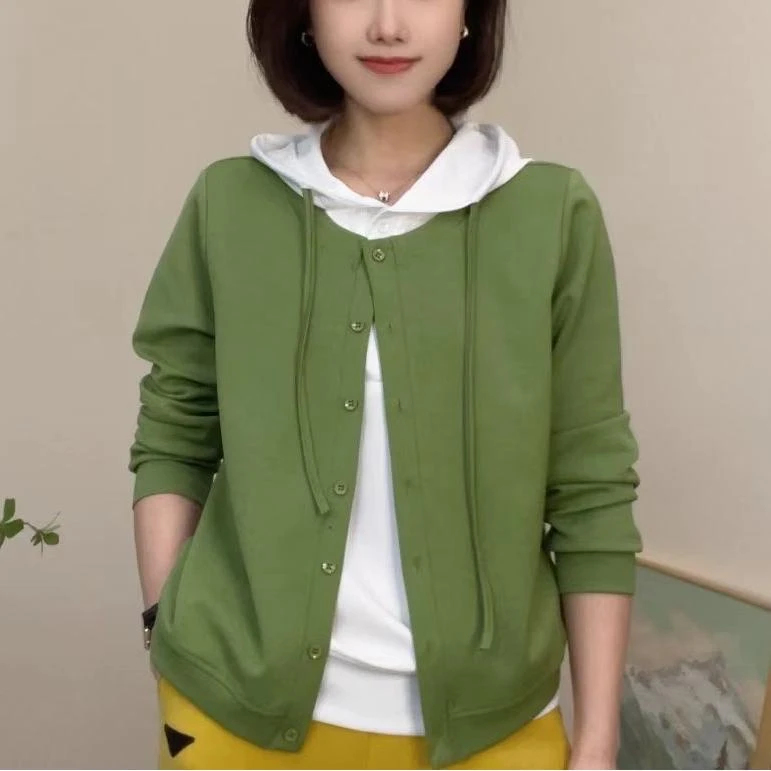 春秋新款假两件连帽卫衣开衫外套宽松休闲时尚洋气百搭套头女上衣