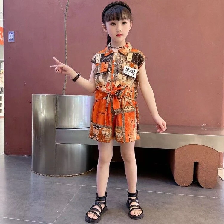 韩系童装女童夏装套装2023新款中大童雪纺无袖休闲两件套洋气时装