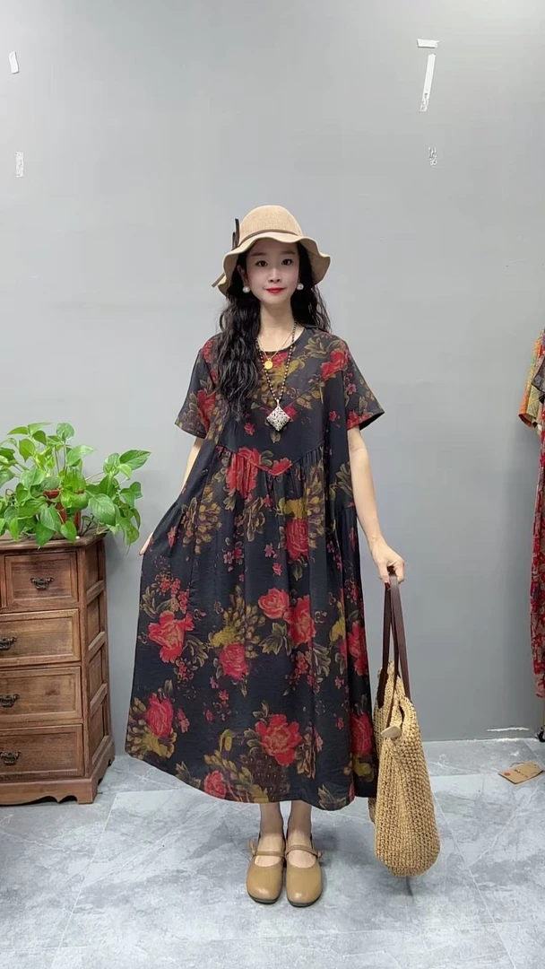 5051夏季新款清凉气质时尚复古遮肚宽松女显瘦百搭圆领休闲连衣裙