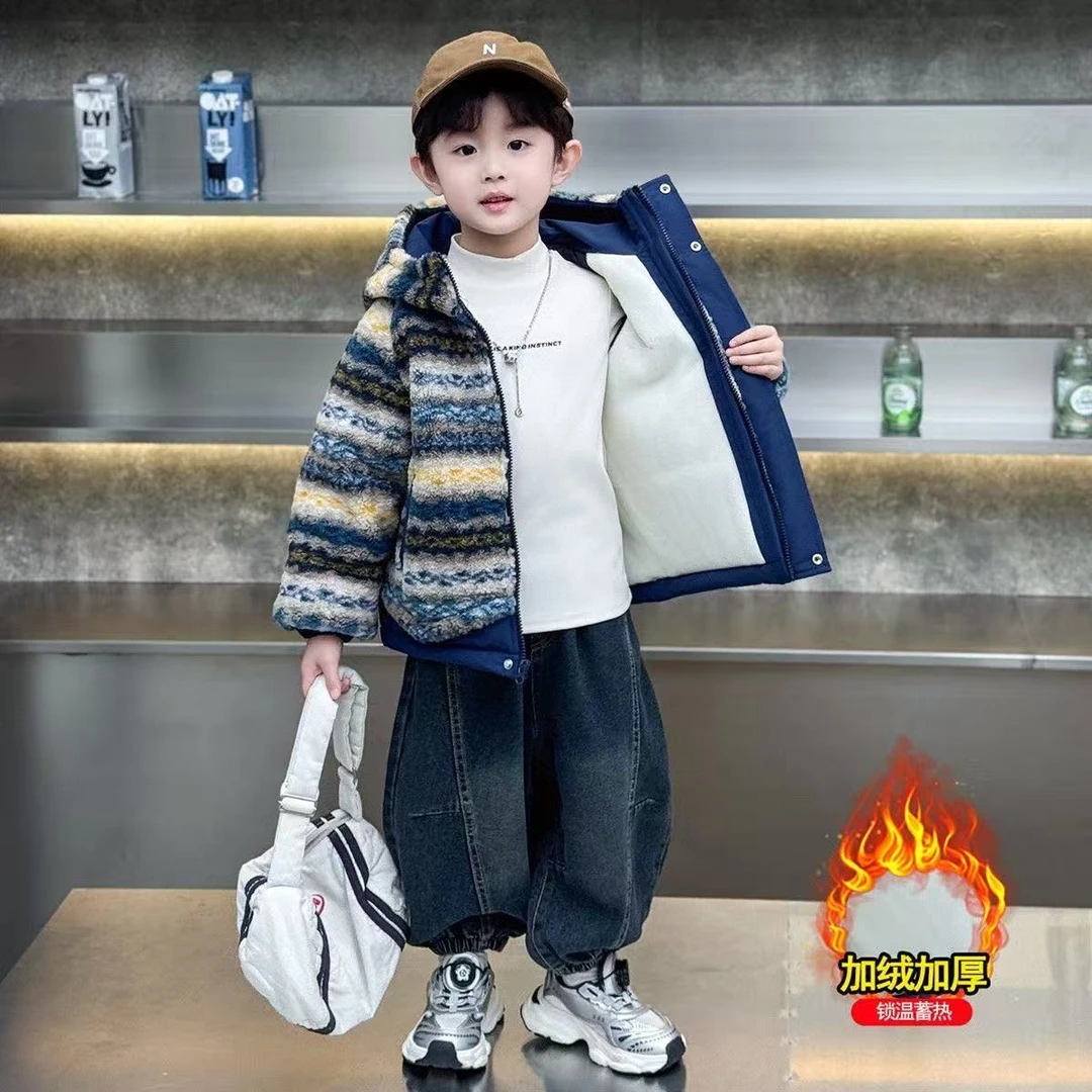 男童加绒外套冬季棉服2025秋冬新款宝宝加厚羊羔毛儿童冬装毛毛衣