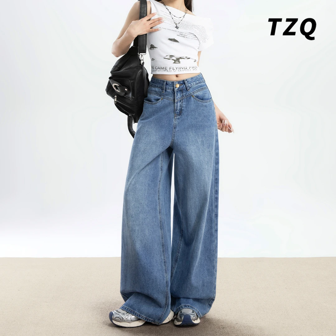 复古水洗牛仔裤女2025夏季新款宽松慵懒松弛感阔腿裤子TZQ2521107