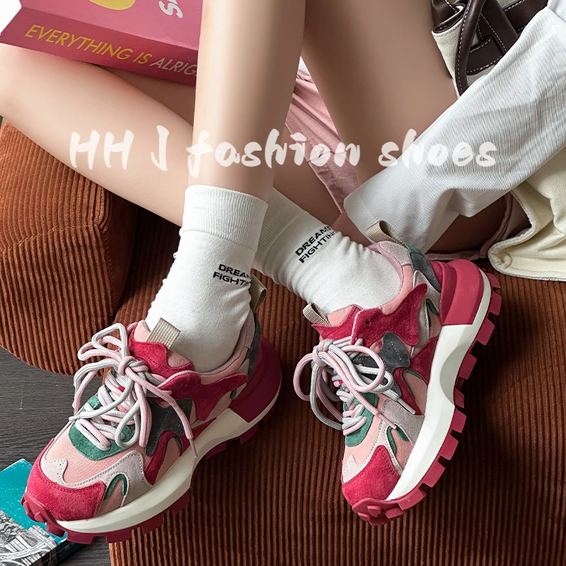 粉色厚底爆款真皮老爹鞋女2025秋季新款小众设计感百搭休闲运动鞋