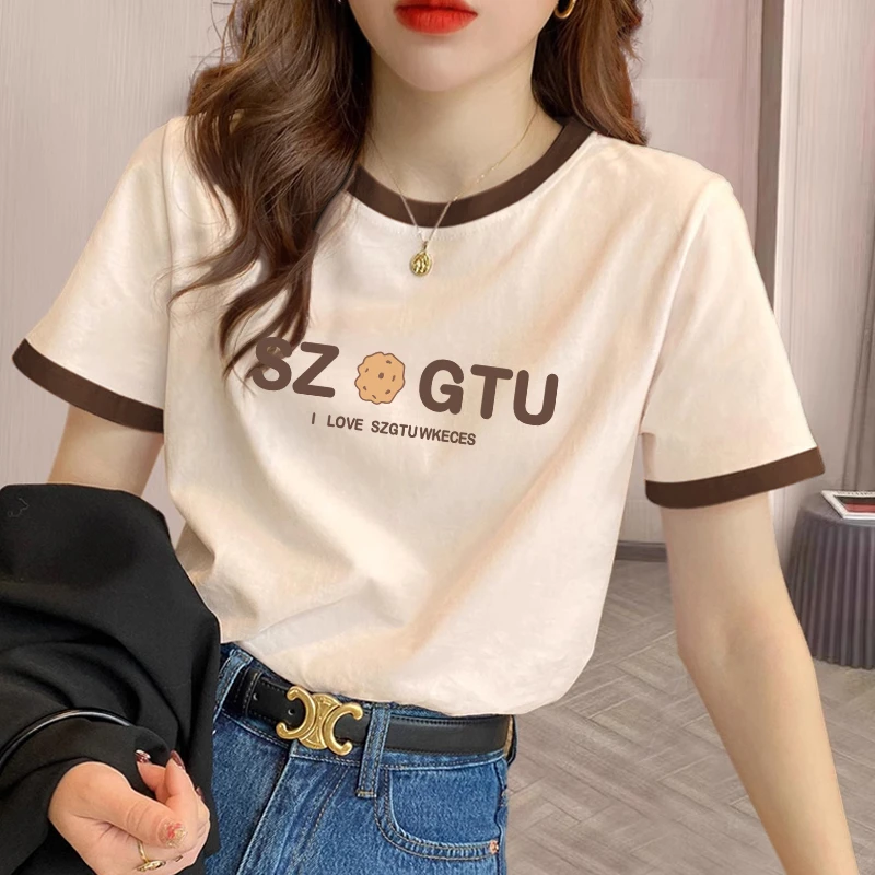 2024年秋季新款印花圆领潮流T恤百搭设计感纯色T恤insT888杏