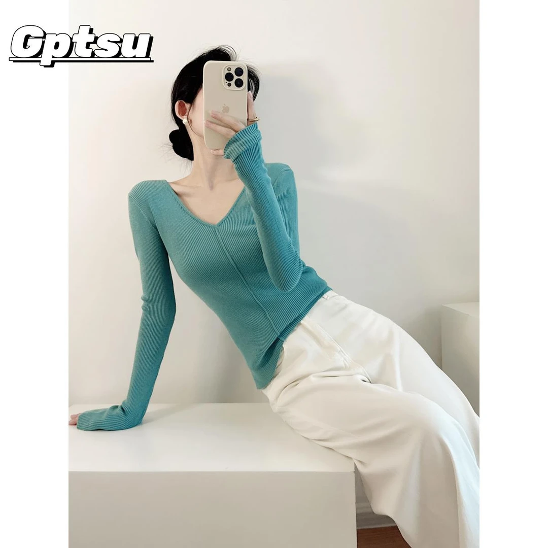GPTSu修身型薄款气质毛针织衫春秋季通勤风纯色百搭针织V领毛衣女