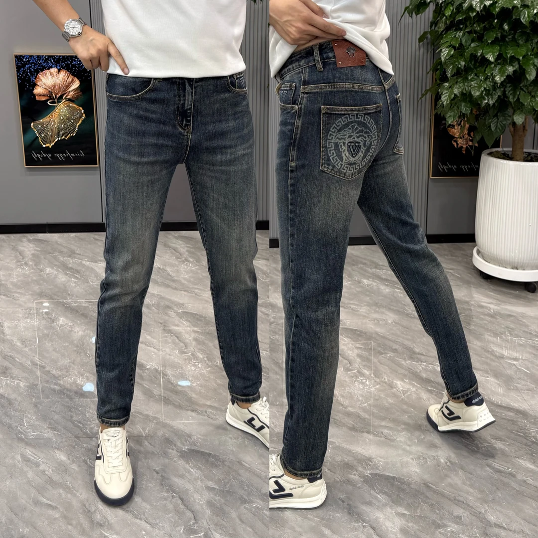 牛仔裤男秋季款时尚弹力休闲裤子男百搭修身显瘦印花小脚裤男潮流