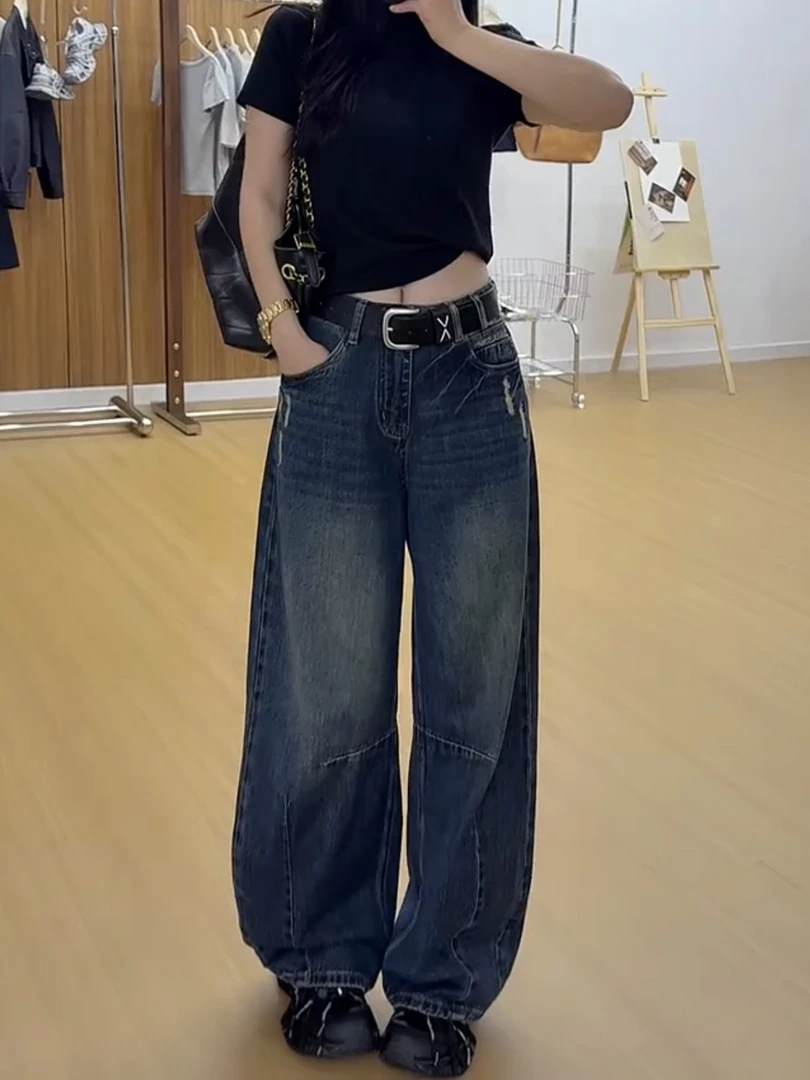 大码宽松牛仔裤女秋冬季2025新款阔腿裤胖mm显瘦美式直筒弯刀裤子