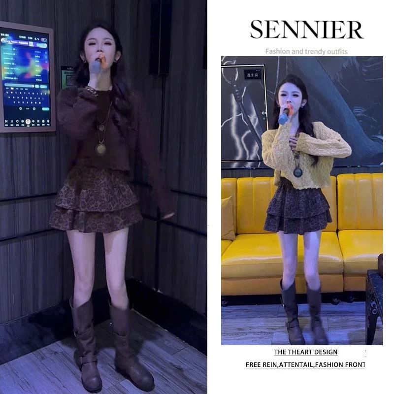秋季时尚一整套女装2025新款显白设计感短款针织衫豹纹短裙两件套