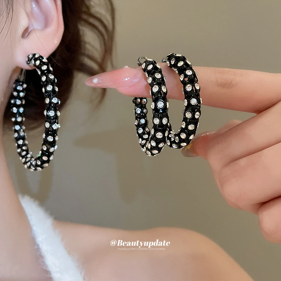 合金耳饰 银针镶钻圆形耳圈欧美复古时尚气质耳环轻奢高级感耳饰