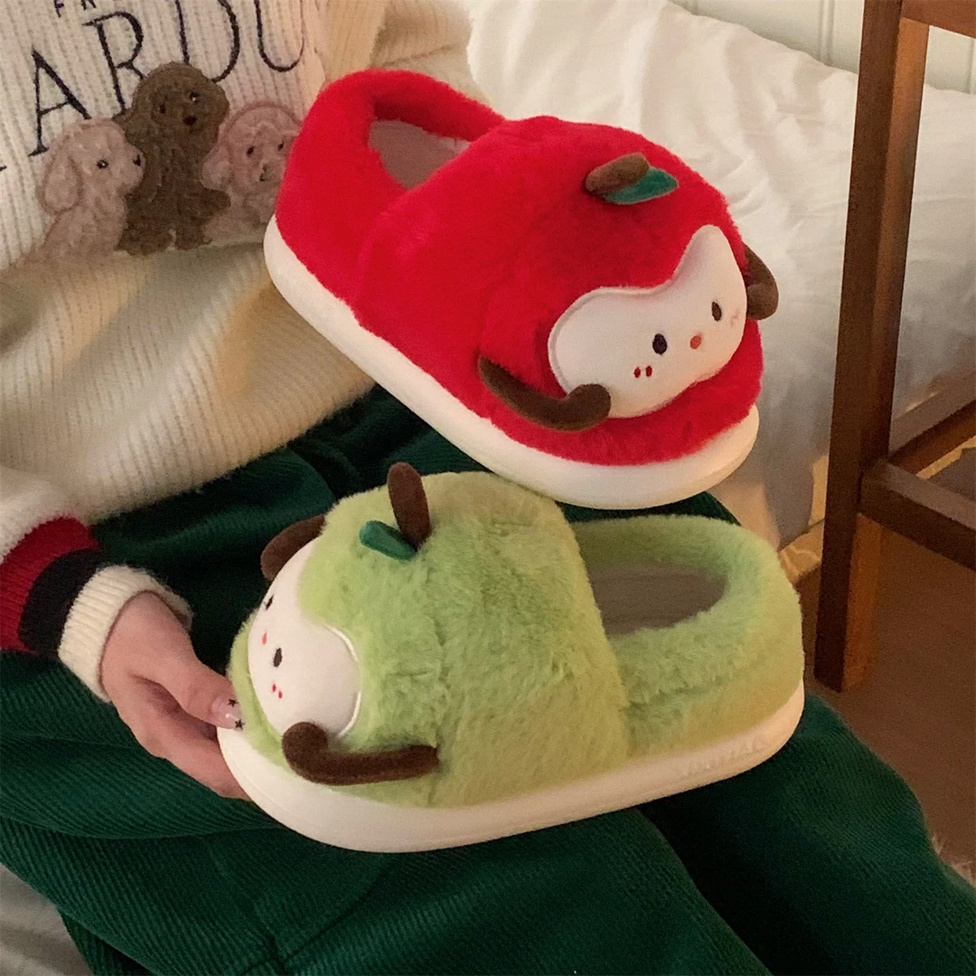 细细条 冬季软萌鸳鸯红绿苹果棉拖鞋女ins趣味居家软底防滑毛毛鞋