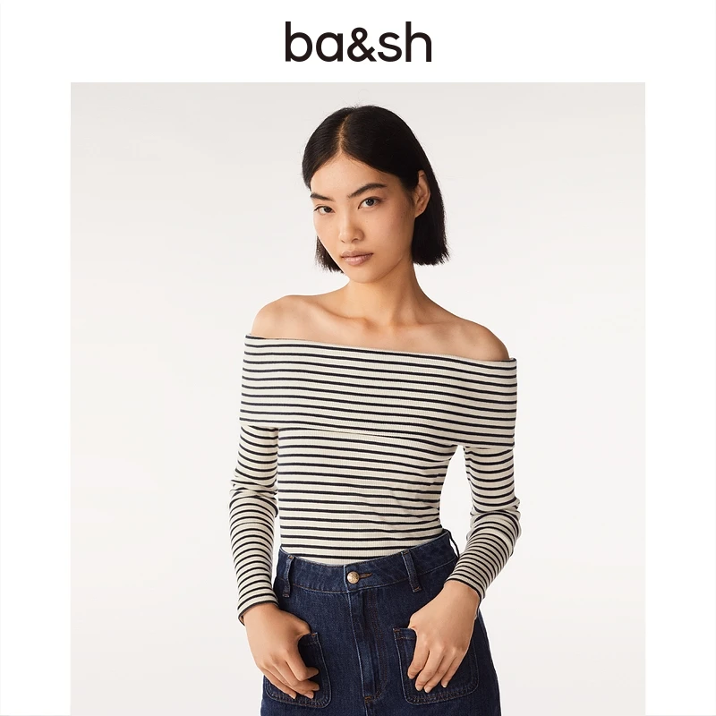 ba&sh春夏女装法式时尚气质条纹修身显瘦一字肩T恤上衣1E24SISS