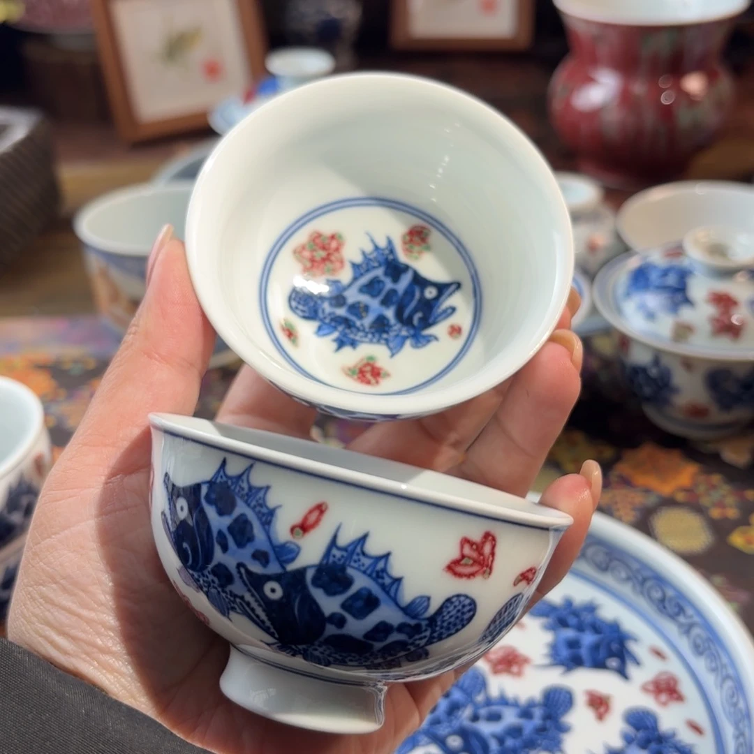 陶年末清仓青花手绘杯杯鸡心对杯