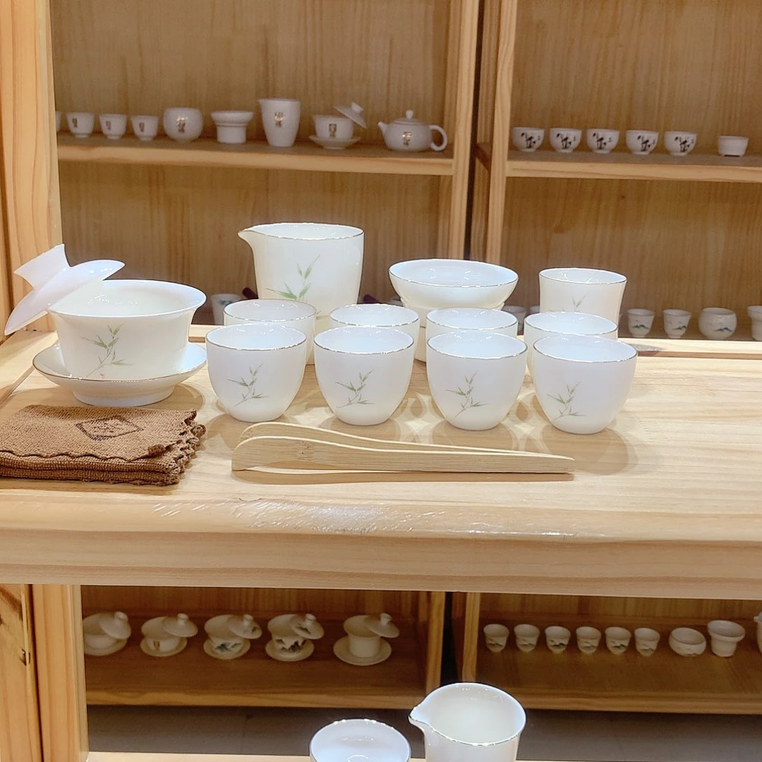 羊脂玉瓷竹报平安15件套功夫茶具