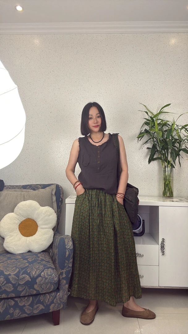 时尚女士慵懒风-百褶亚麻半身裙夏季休闲文艺裙子长款半裙绿色