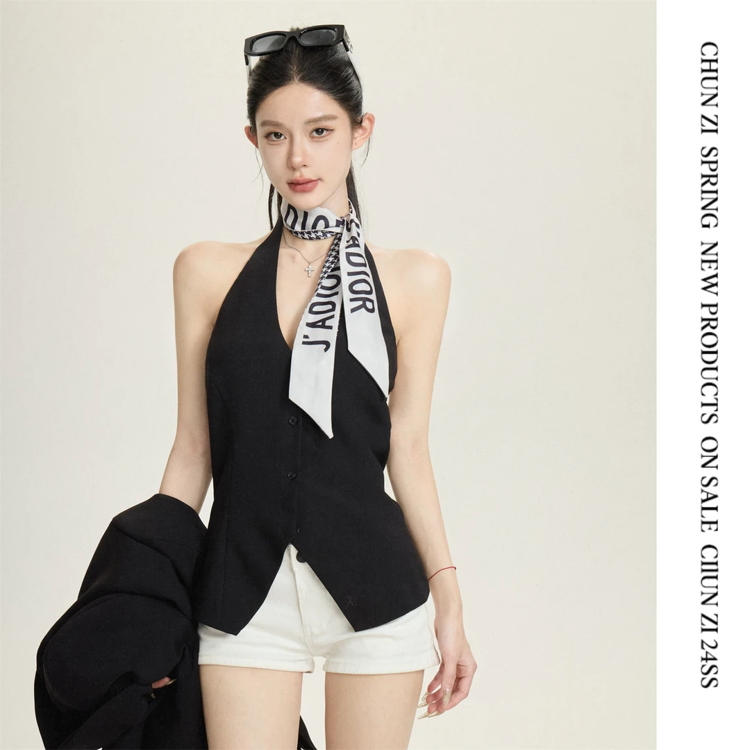 【CHUN ZI】知识分子 黑白双色v领挂脖马甲 女夏设计感露背上衣
