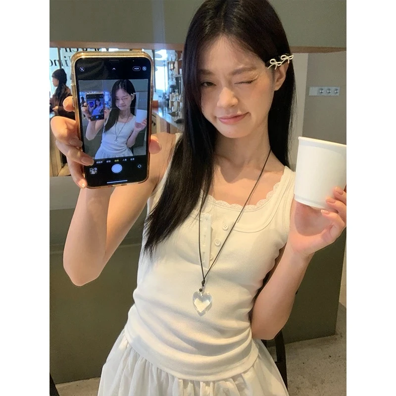 夏季新款纯欲蕾丝花边假两件工字背心2025百搭修身欧若风上衣女