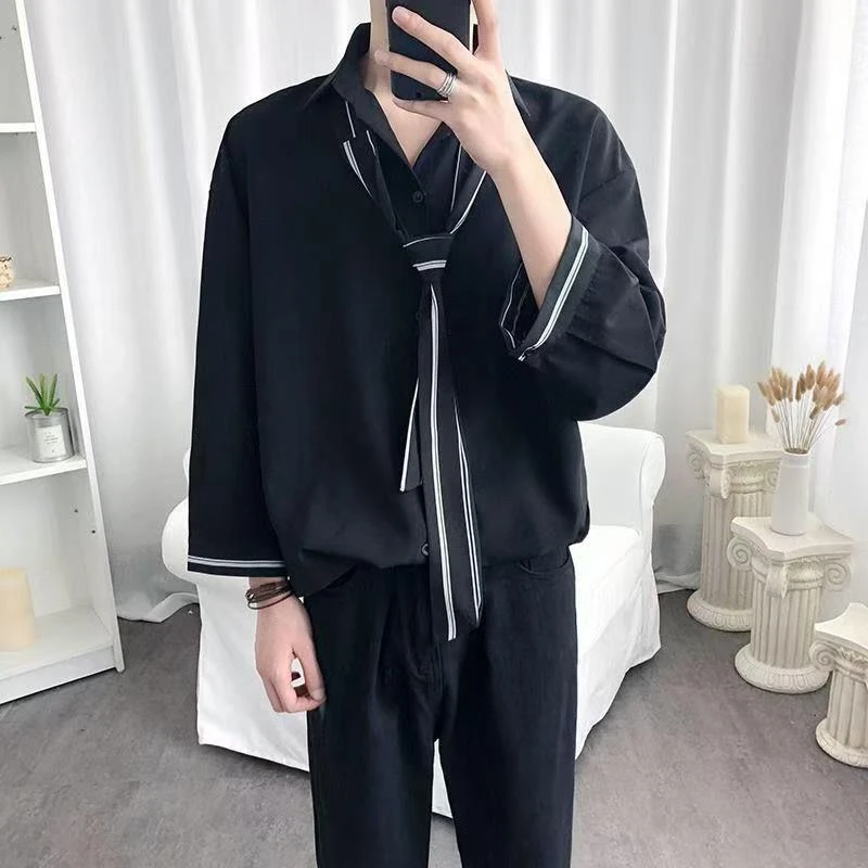 S053送领带衬衫男长袖纯色款休闲百搭学生班服七分袖衬衣