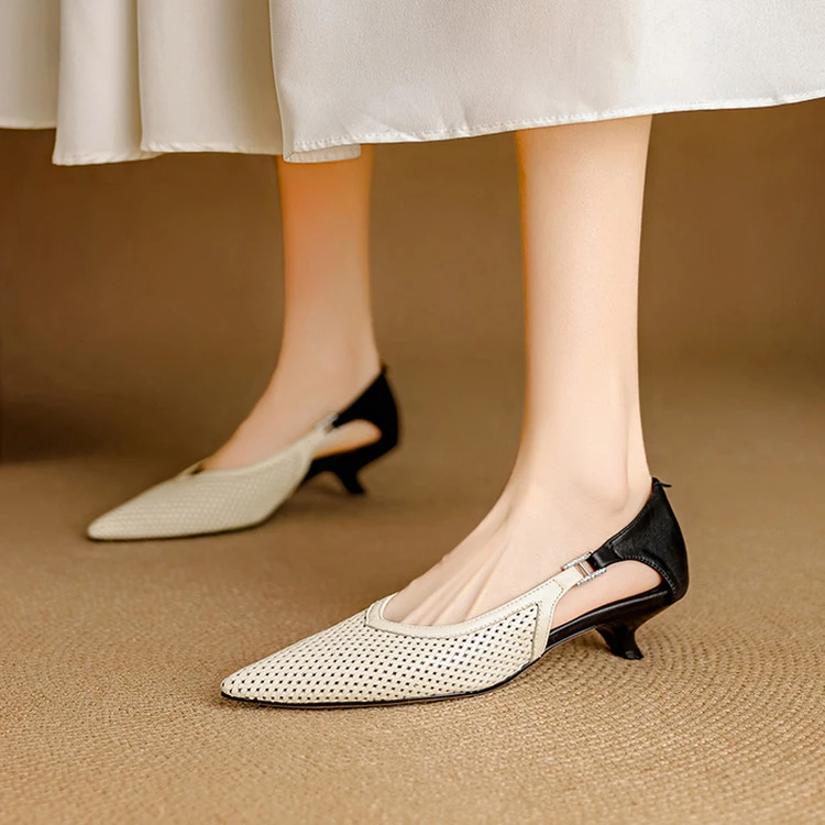 软面羊皮~3.5cm小猫跟尖头中空包头凉鞋真皮细跟镂空透气气质单鞋