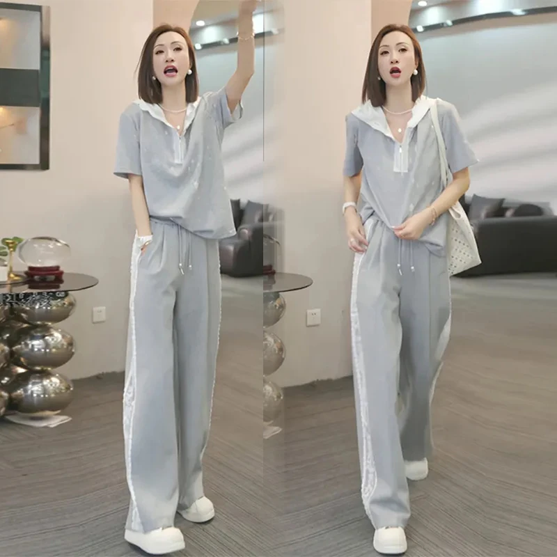 欧货休闲运动套装夏季减龄设计感连帽短袖高腰蕾丝阔腿裤两件套装