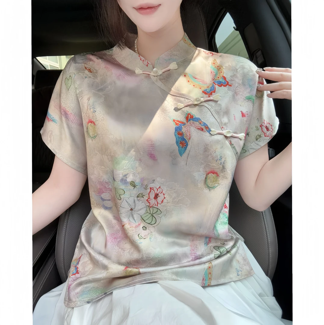 【听荷语】小衫蝴蝶短袖丝滑舒适女装百搭透气精致提花显瘦浅色