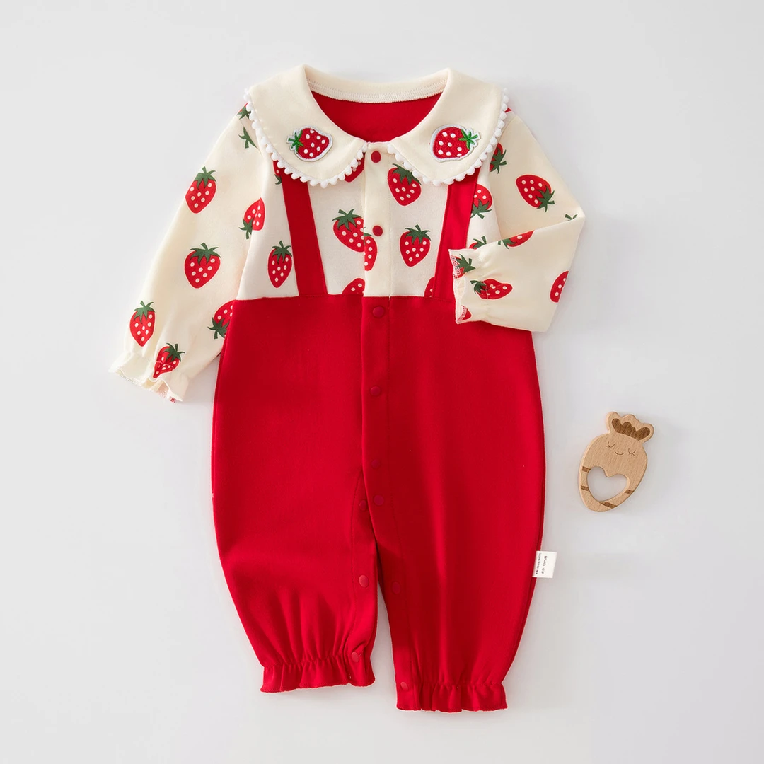 周岁宝宝秋季衣服洋气大红色外出服a类纯棉爬爬服婴儿长袖连体衣