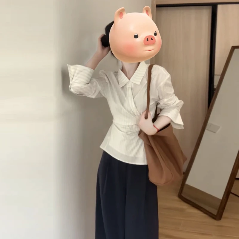 5551白色法式设计感长袖衬衫2024早秋新款上衣高级感收腰小衫衬衣