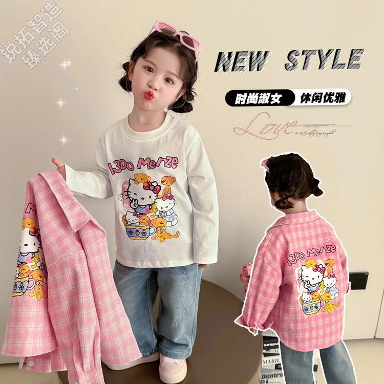 童装女童牛仔洋气春秋猫咪格子衬衫长袖两件套春款淑女休闲