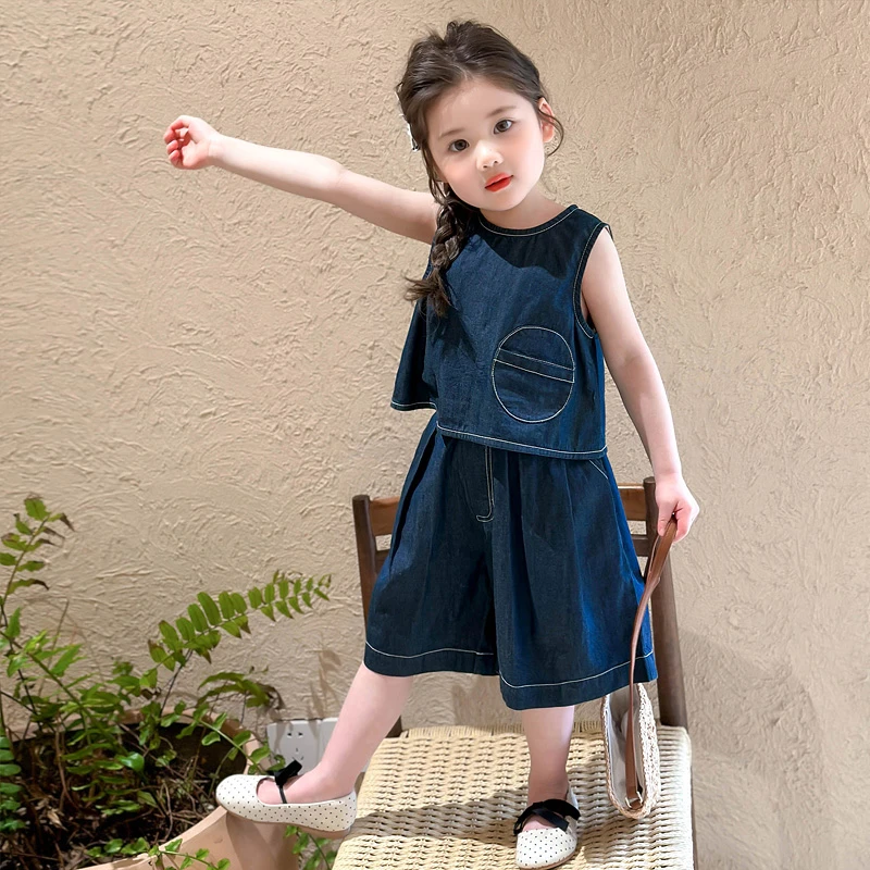 MK&UR.BV女童牛仔套装夏季2025新款女宝宝薄款无袖背心短裤两件套