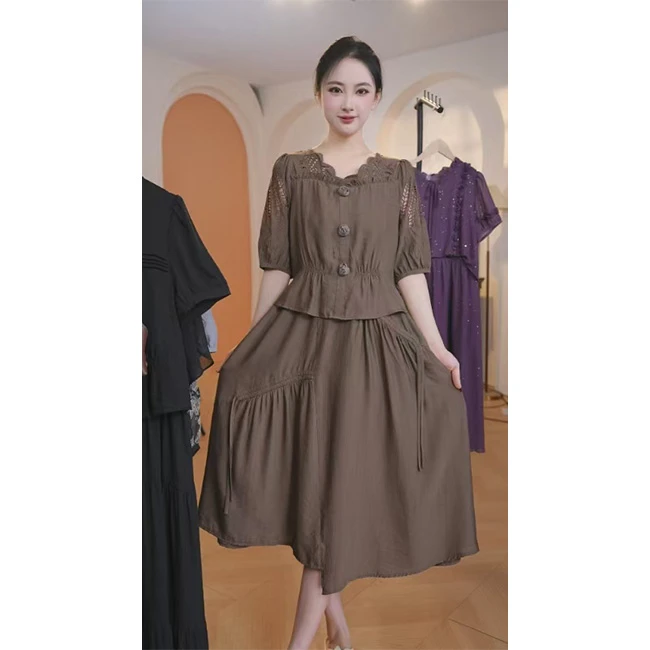 L8806  2025年春夏新款时尚镂空设计感气质假两件中长款连衣裙