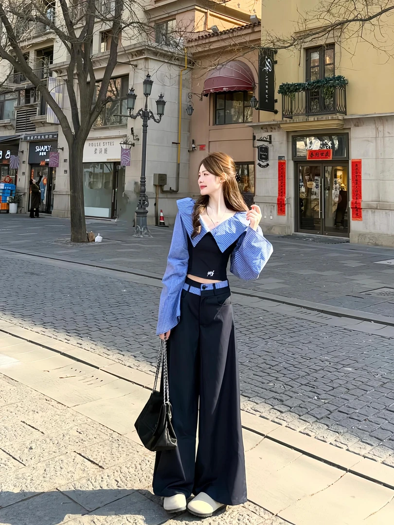 2025秋季新款设计感一字肩拼接修身长袖上衣显瘦休闲裤两件套女