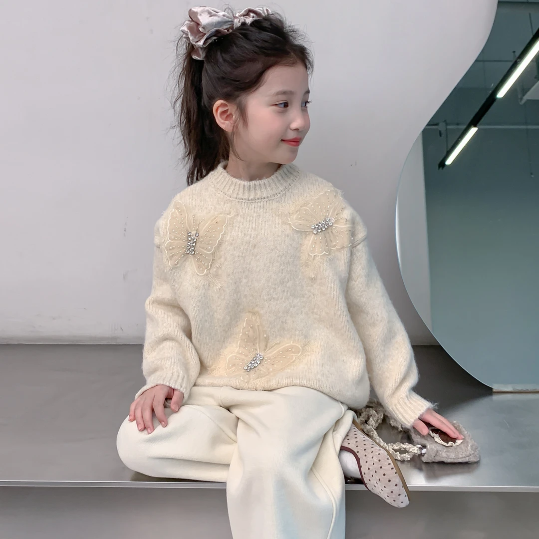 女童秋装毛衣2025新款儿童女孩秋冬季加绒加厚毛线蝴蝶针织打底衫