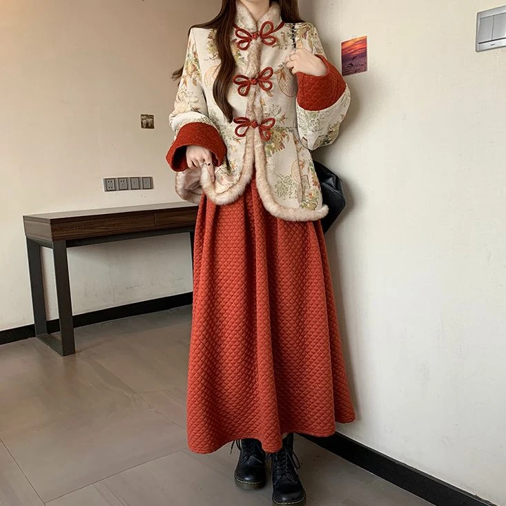 C-5173大码春季新款加厚加绒国风棉服外套+半身裙两件套