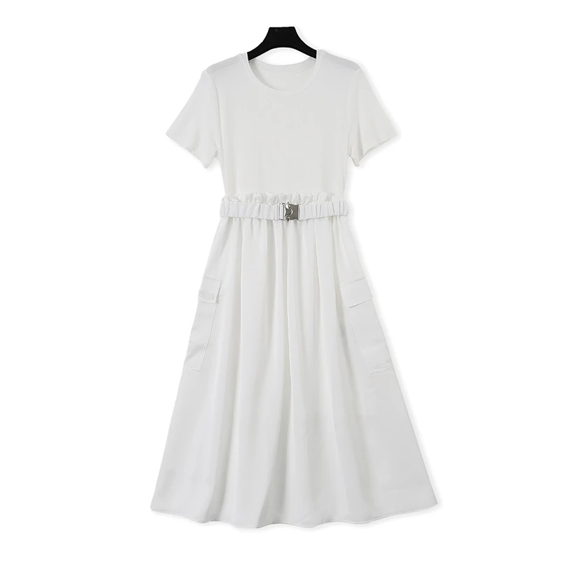 显瘦气质白色时尚百搭收腰夏季简约圆领拼接木耳边连衣裙DF0619