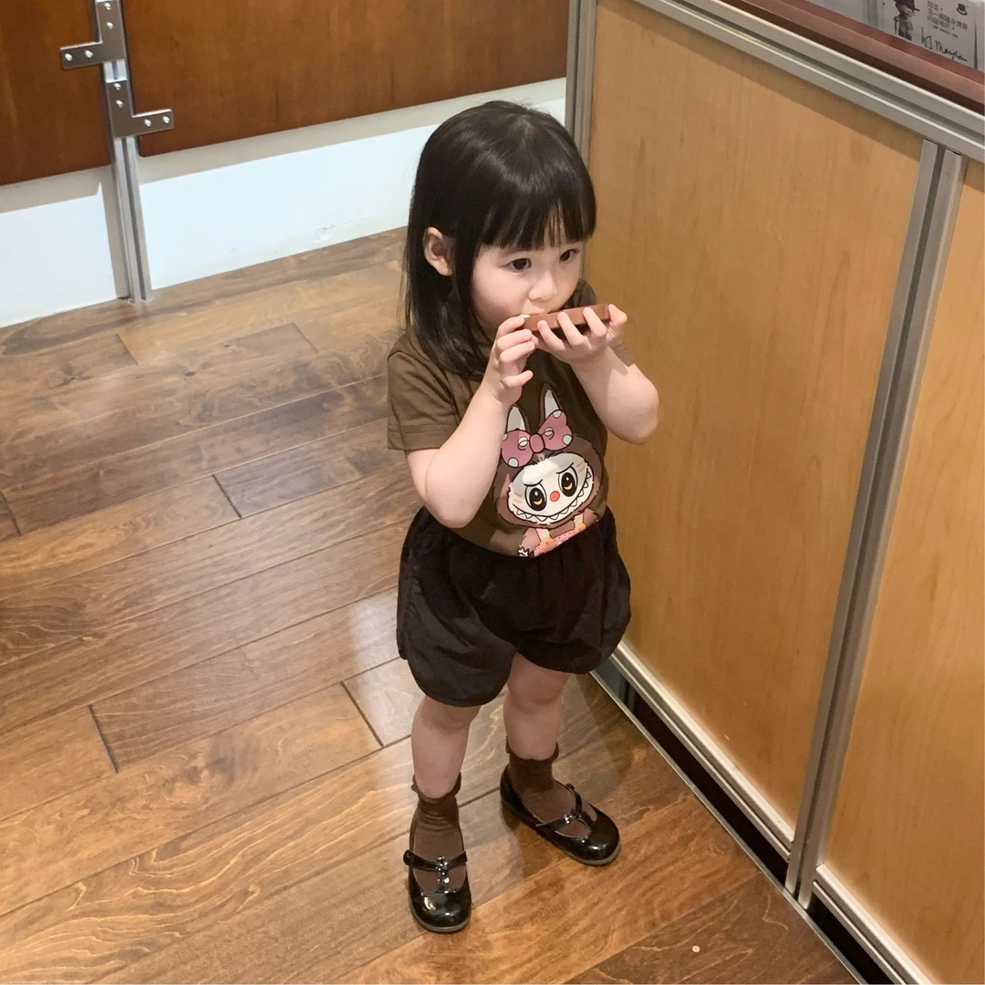 《小思家》女童2025年夏季新款卡通T恤拉布布短袖黑色短裤套装