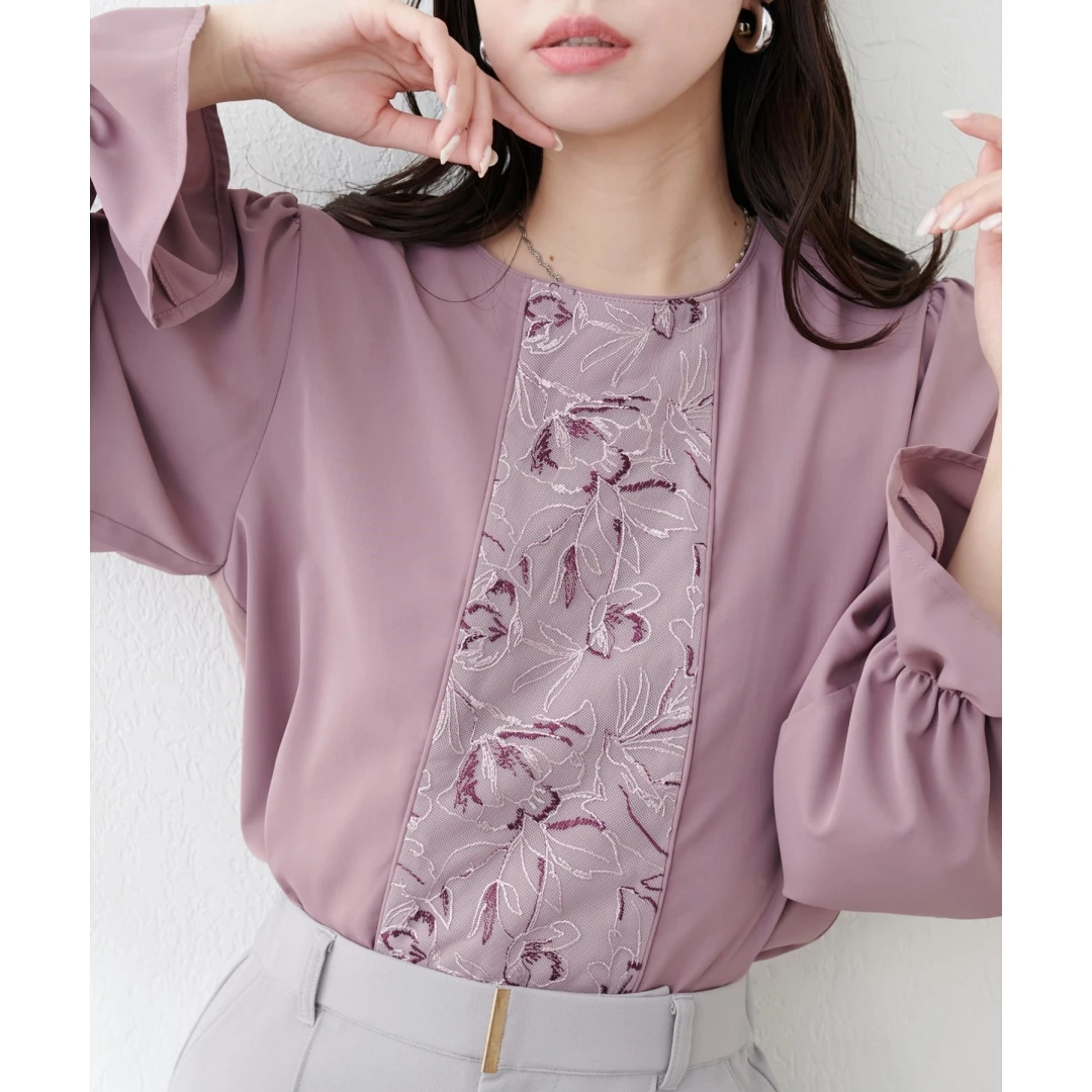 【TaKuMi】春季新款 N 时尚重工蕾丝刺绣袖口松紧带设计感衬衫女